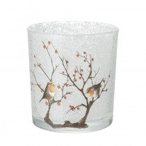 Mottled glass tealight holder with Robins